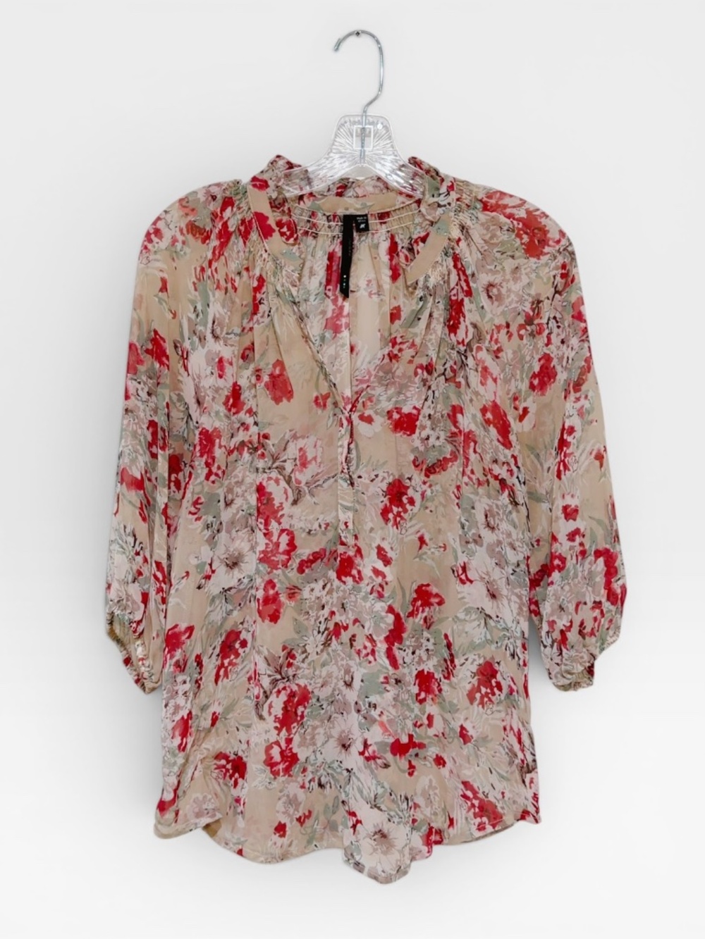 Bellatrix Women's Floral Print 3/4 Sleeve Collarless Sheer Blouse Size M